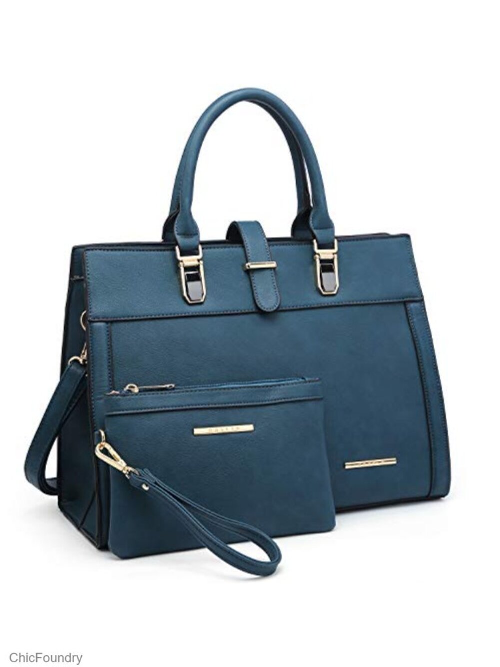 Vegan Leather Satchel Handbag Top Handle Work Tote with Wristlet